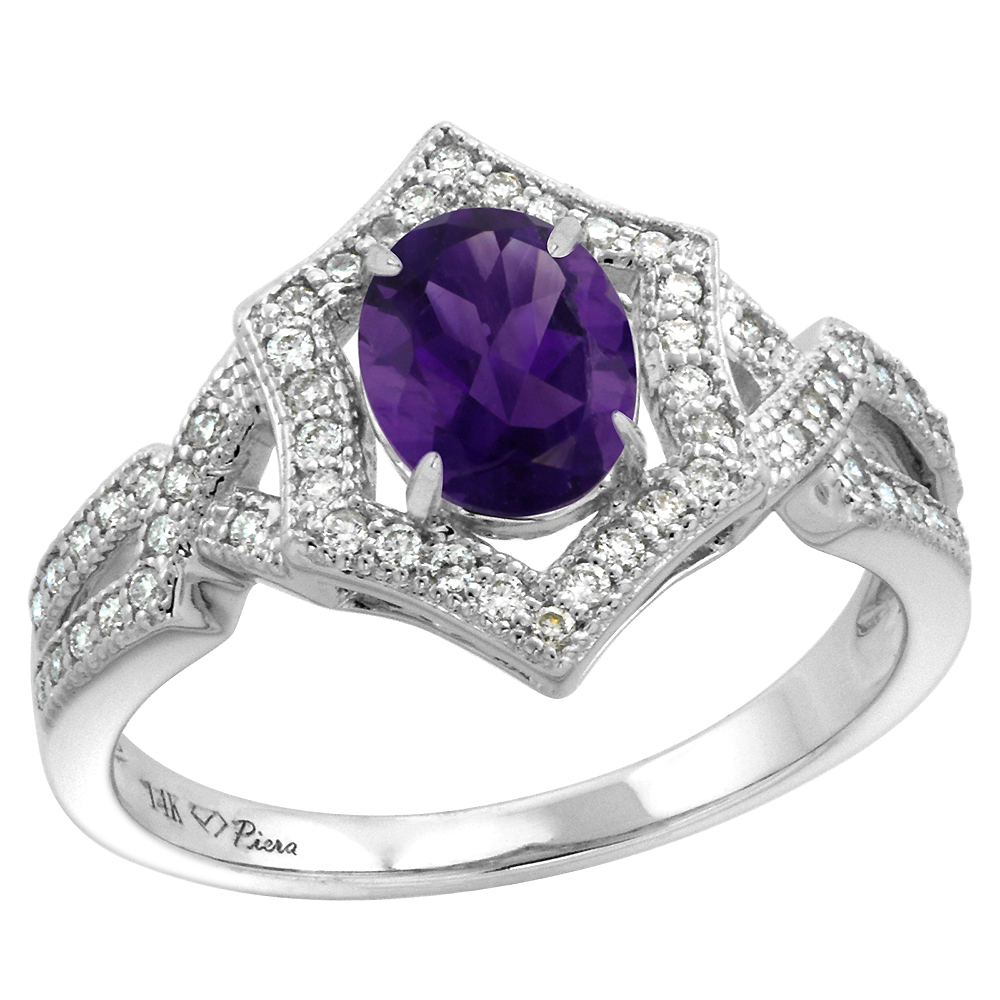 14k White Gold Diamond Halo Genuine Amethyst Engagement Ring Hexagonal Oval 8x6mm, size 5-10