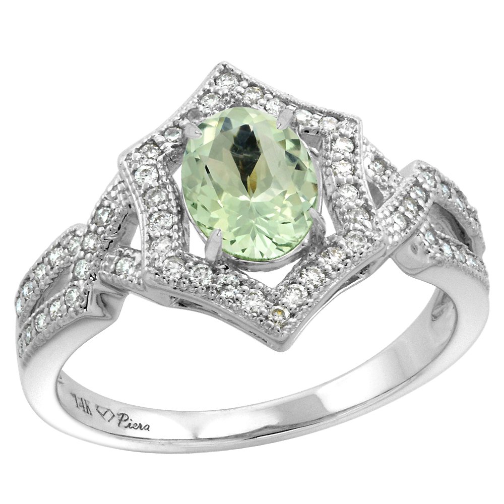 14k White Gold Diamond Halo Genuine Green Amethyst Engagement Ring Hexagonal Oval 8x6mm, size 5-10