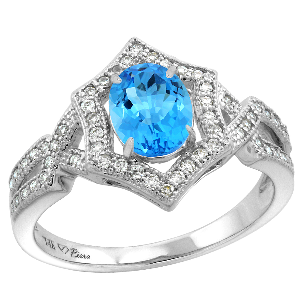 14k White Gold Diamond Halo Genuine Swiss Blue Topaz Engagement Ring Hexagonal Oval 8x6mm, size 5-10