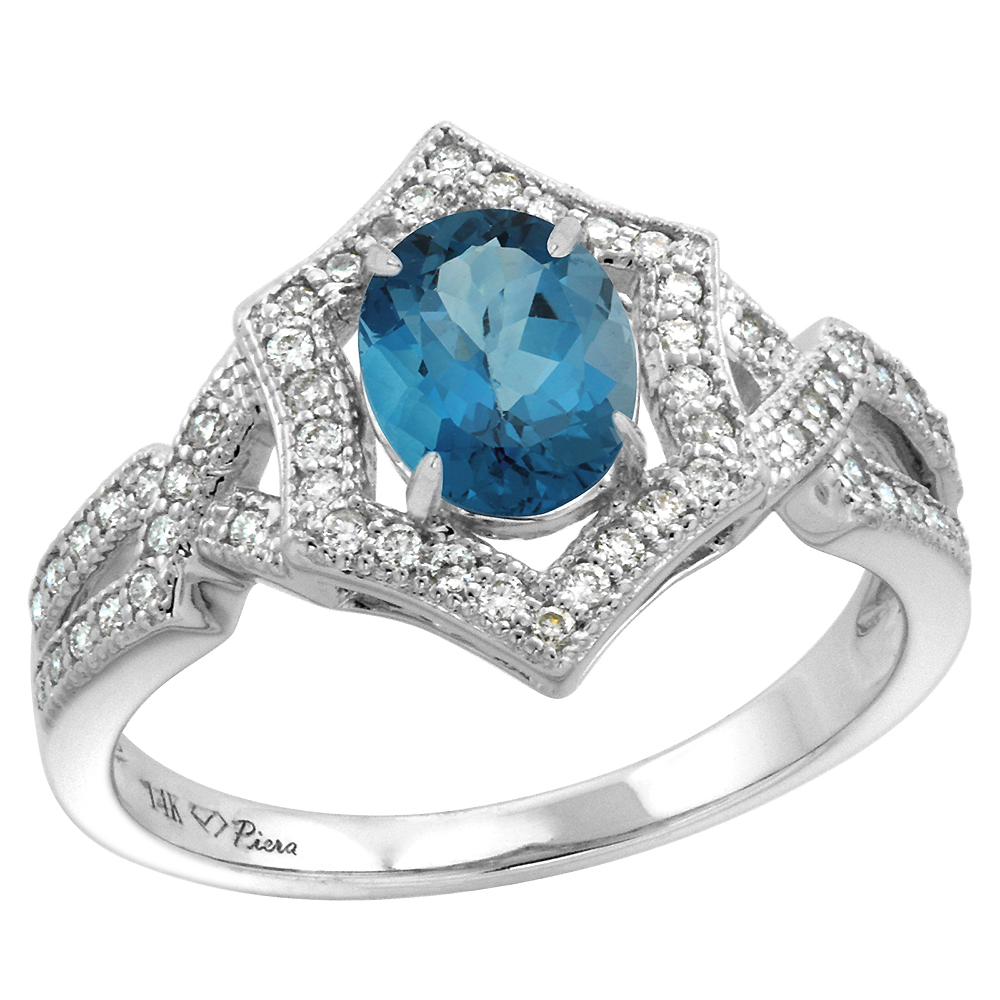 14k White Gold Diamond Halo Genuine London Blue Topaz Engagement Ring Hexagonal Oval 8x6mm, size 5-10