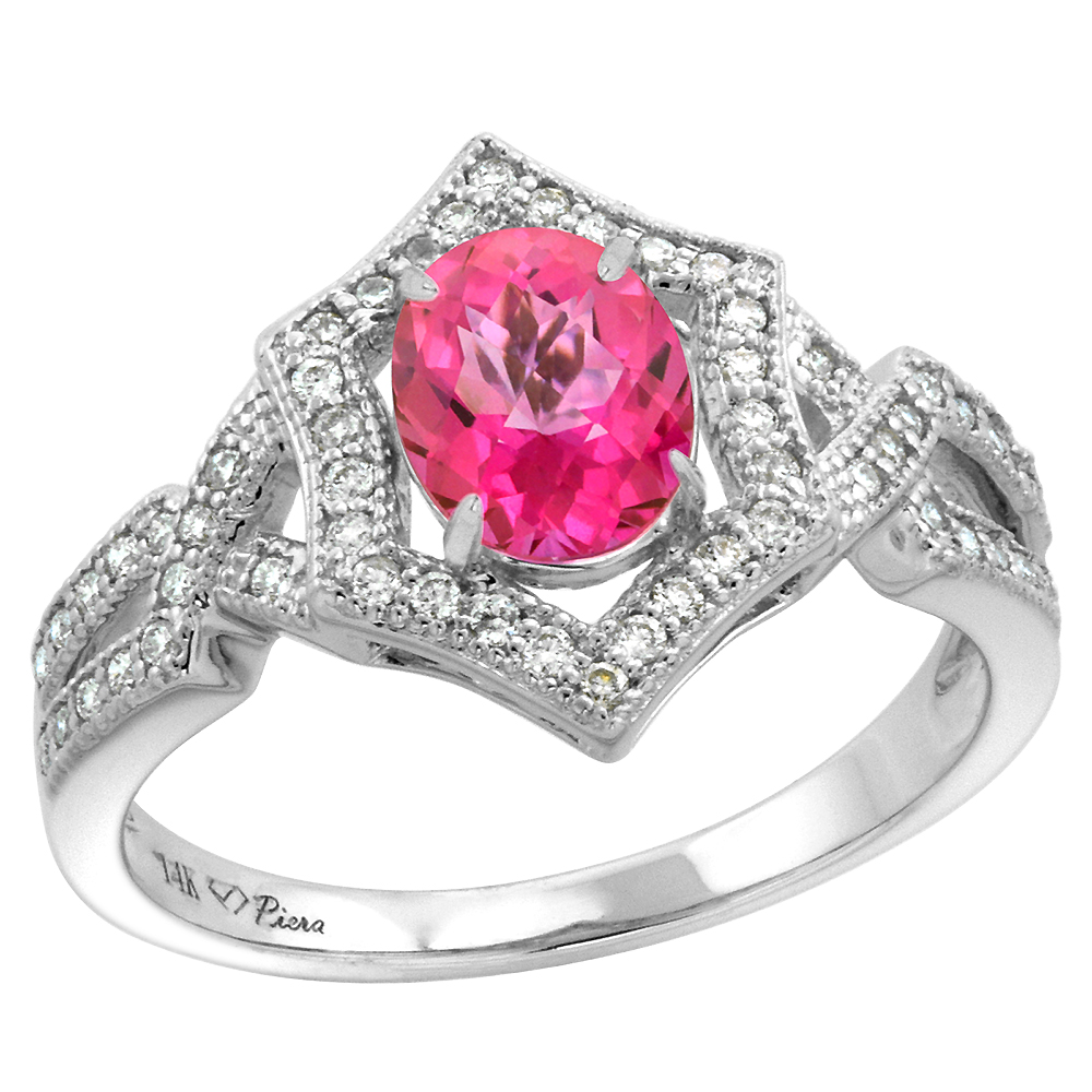 14k White Gold Diamond Halo Genuine Pink Topaz Engagement Ring Hexagonal Oval 8x6mm, size 5-10