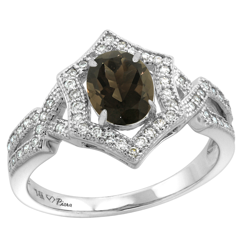 14k White Gold Diamond Halo Genuine Smoky Topaz Engagement Ring Hexagonal Oval 8x6mm, size 5-10