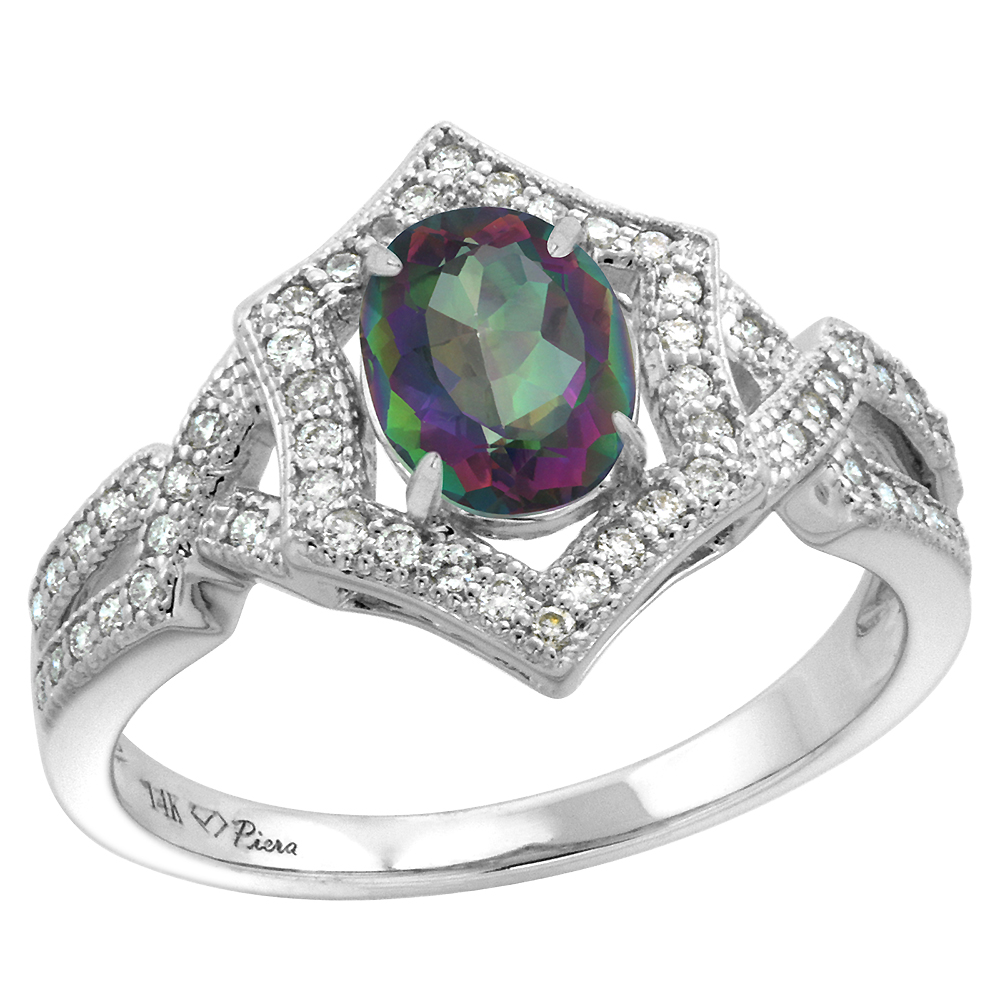 14k White Gold Diamond Halo Genuine Mystic Topaz Engagement Ring Hexagonal Oval 8x6mm, size 5-10