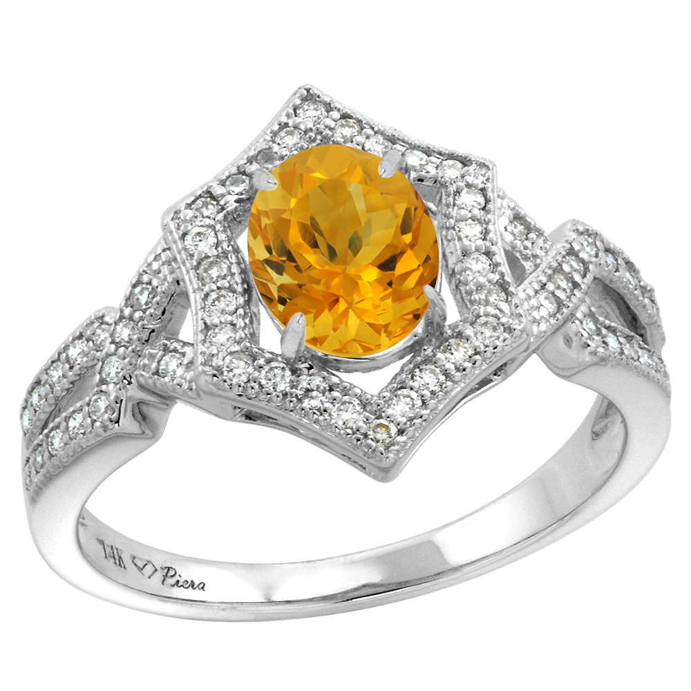 14k White Gold Diamond Halo Genuine Citrine Engagement Ring Hexagonal Oval 8x6mm, size 5-10