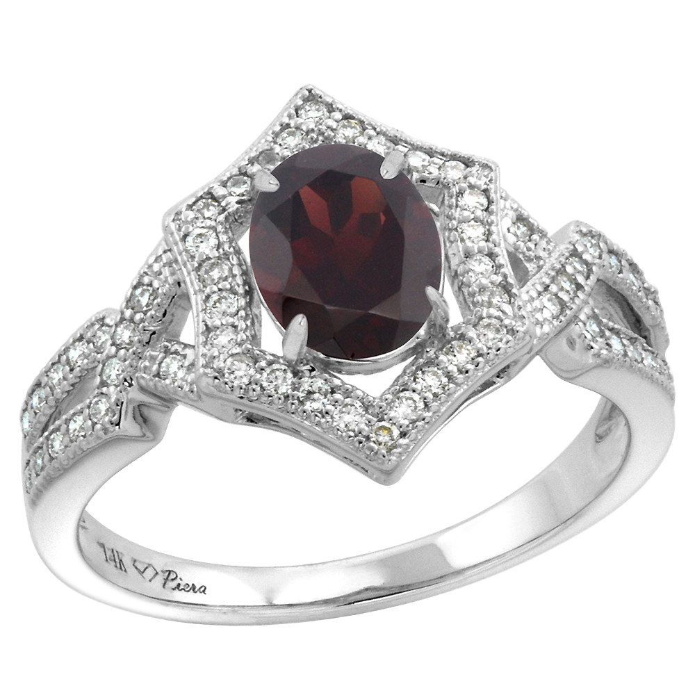 14k White Gold Diamond Halo Genuine Garnet Engagement Ring Hexagonal Oval 8x6mm, size 5-10