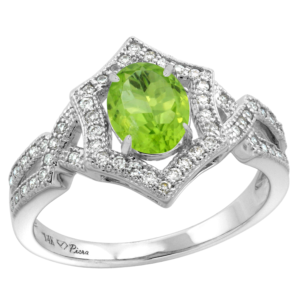 14k White Gold Diamond Halo Genuine Peridot Engagement Ring Hexagonal Oval 8x6mm, size 5-10