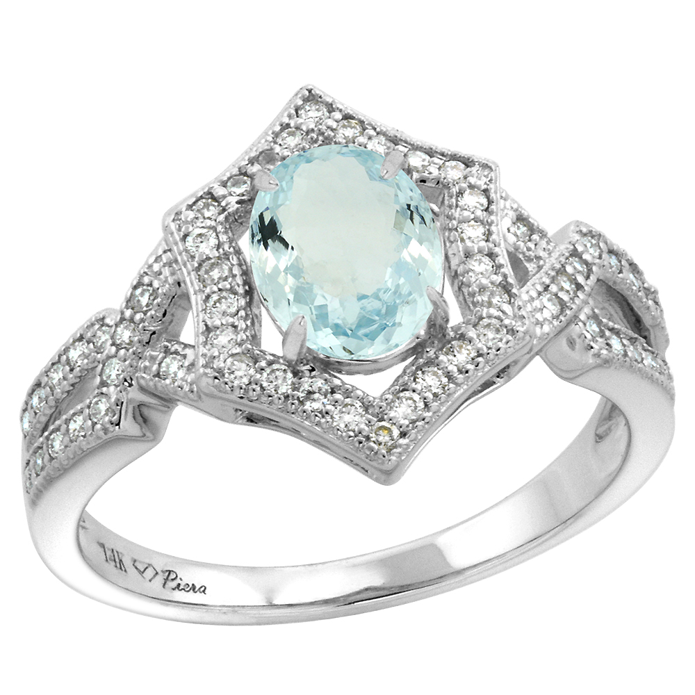 14k White Gold Diamond Halo Genuine Aquamarine Engagement Ring Hexagonal Oval 8x6mm, size 5-10