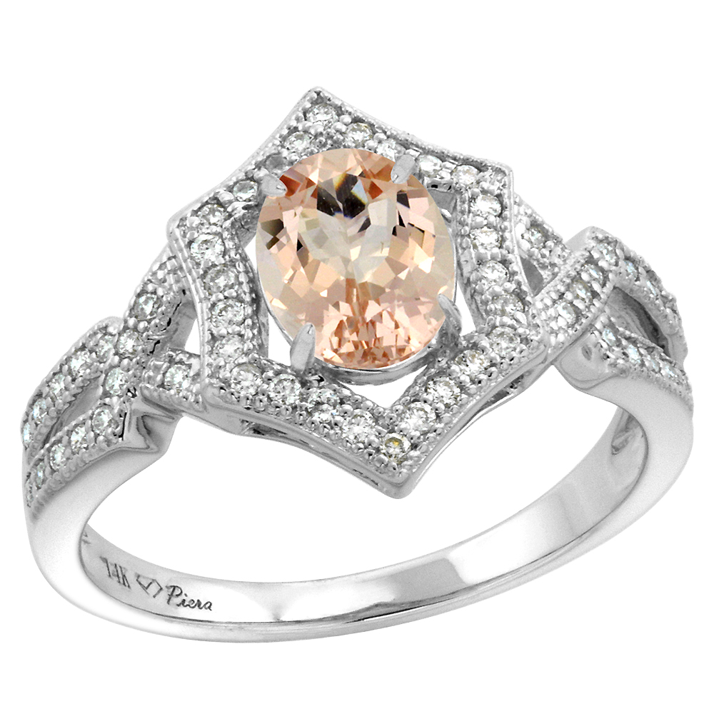 14k White Gold Diamond Halo Genuine Morganite Engagement Ring Hexagonal Oval 8x6mm, size 5-10