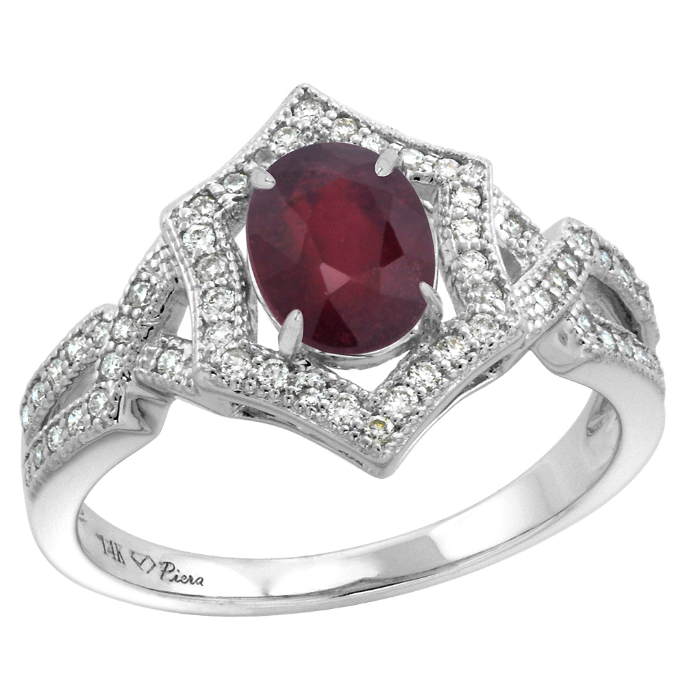 14k White Gold Diamond Halo Enhanced Genuine Ruby Engagement Ring Hexagonal Oval 8x6mm, size 5-10