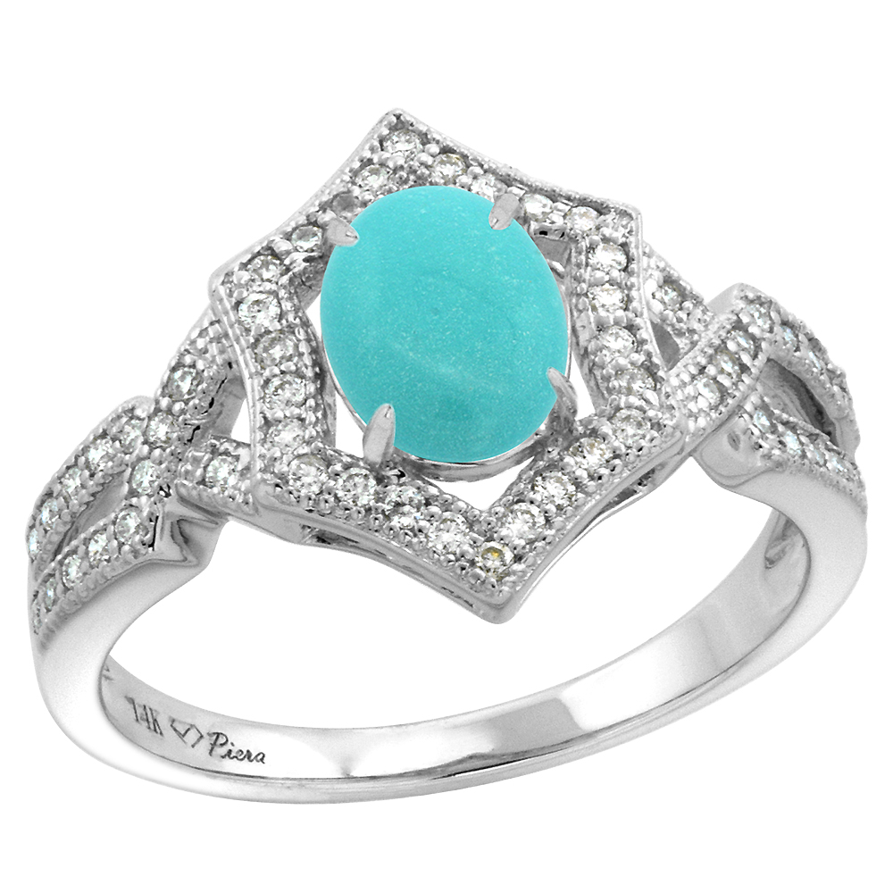 14k White Gold Diamond Halo Genuine Turquoise Engagement Ring Hexagonal Oval 8x6mm, size 5-10