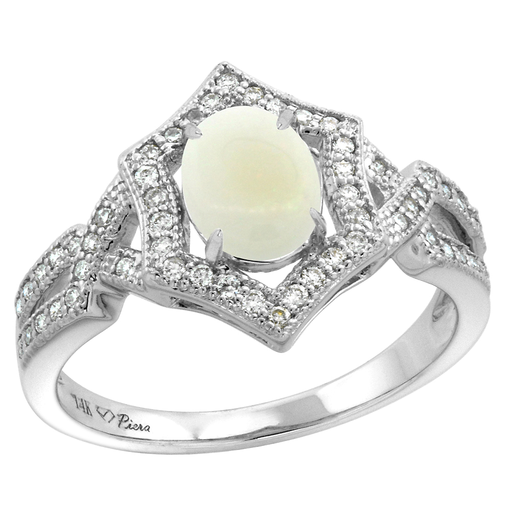 14k White Gold Diamond Halo Genuine Opal Engagement Ring Hexagonal Oval 8x6mm, size 5-10