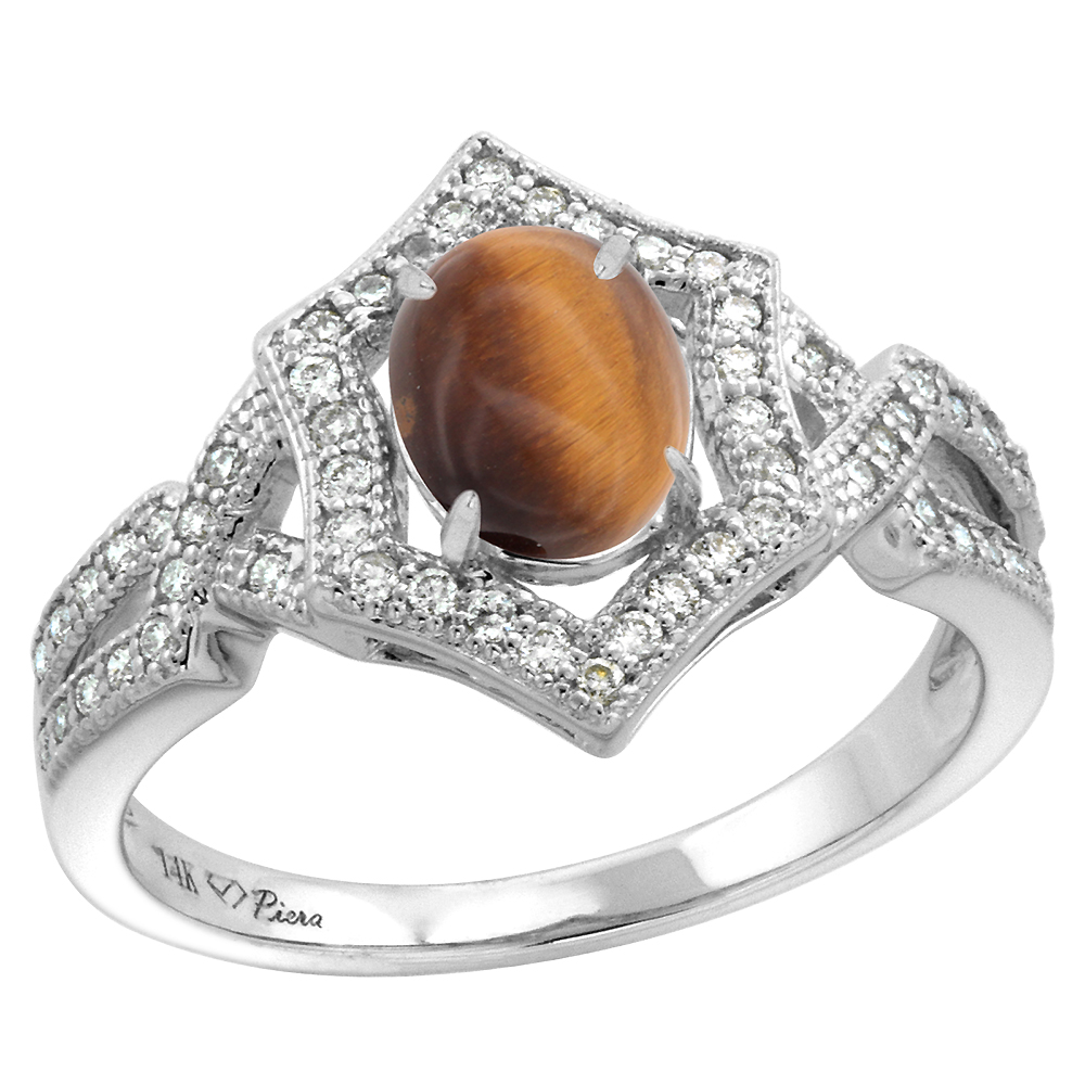 14k White Gold Diamond Halo Genuine Tiger Eye Engagement Ring Hexagonal Oval 8x6mm, size 5-10