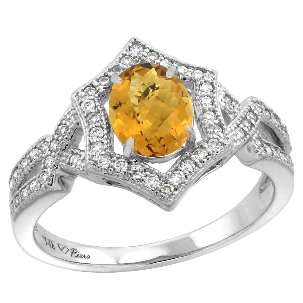 14k White Gold Diamond Halo Genuine Whisky Quartz Engagement Ring Hexagonal Oval 8x6mm, size 5-10