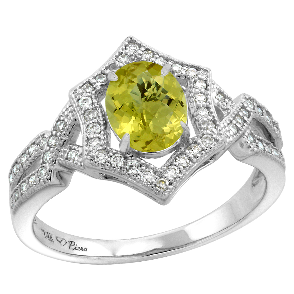 14k White Gold Diamond Halo Genuine Lemon Quartz Engagement Ring Hexagonal Oval 8x6mm, size 5-10