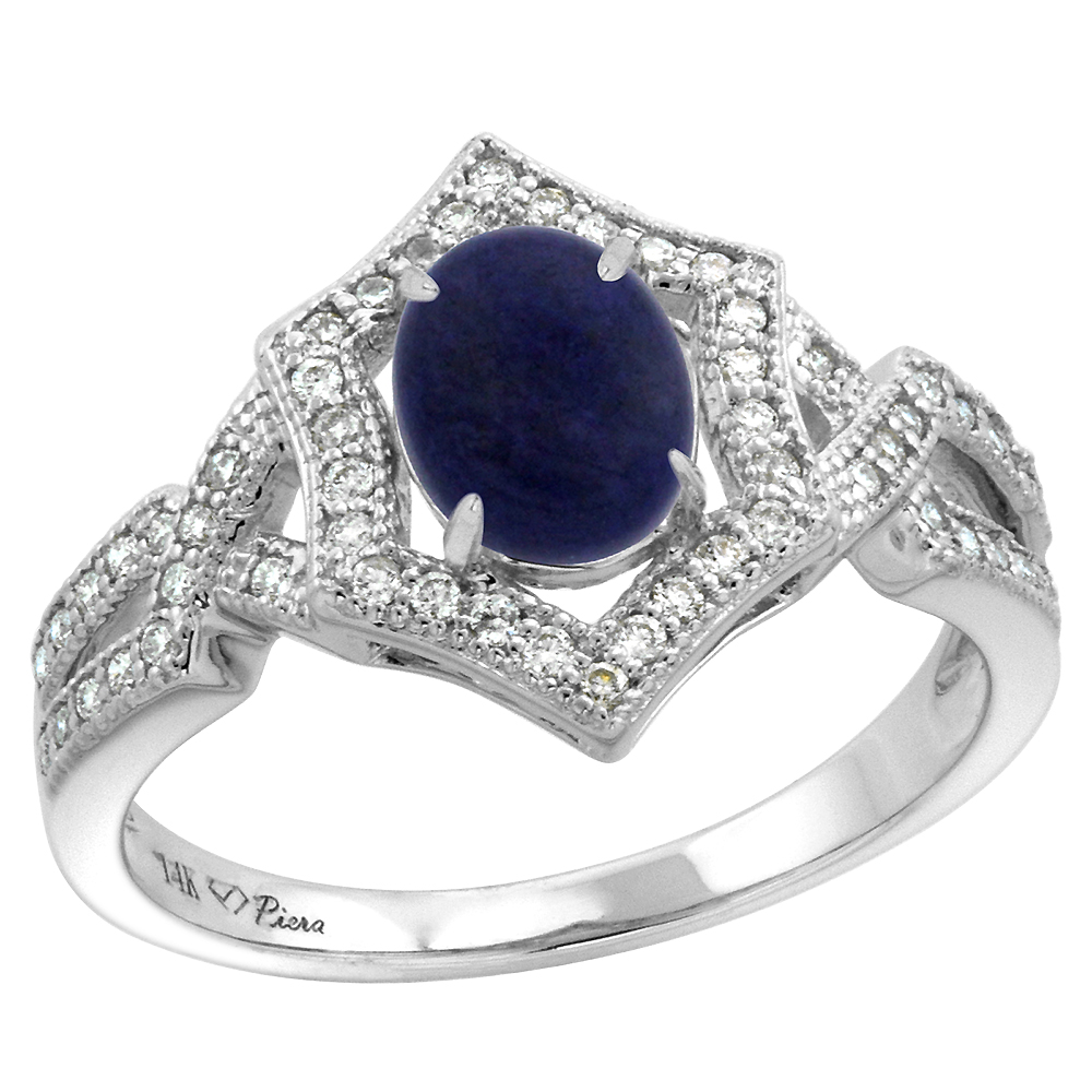 14k White Gold Diamond Halo Genuine Lapis Lazuli Engagement Ring Hexagonal Oval 8x6mm, size 5-10