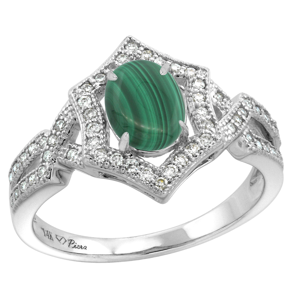 14k White Gold Diamond Halo Genuine Malachite Engagement Ring Hexagonal Oval 8x6mm, size 5-10