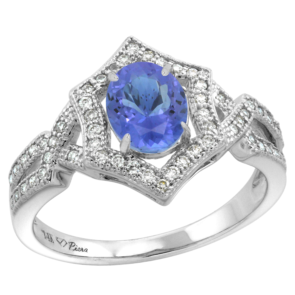 14k White Gold Diamond Halo Genuine Tanzanite Engagement Ring Hexagonal Oval 8x6mm, size 5-10