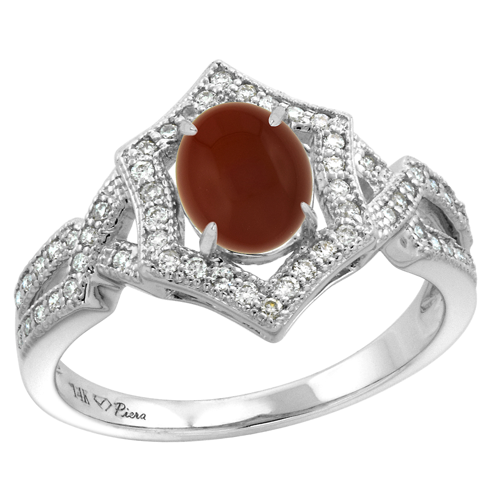 14k White Gold Diamond Halo Genuine Brown Agate Engagement Ring Hexagonal Oval 8x6mm, size 5-10