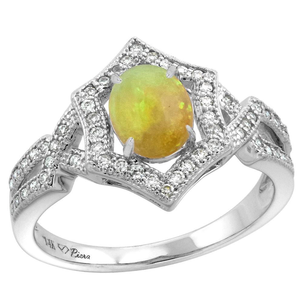 14k White Gold Diamond Halo Genuine Ethiopian Opal Engagement Ring Hexagonal Oval 8x6mm, size 5-10