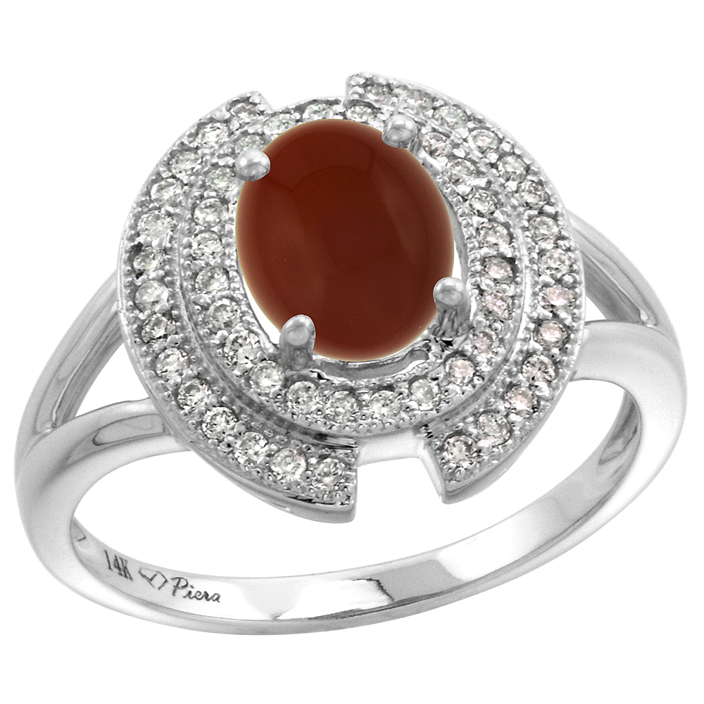 14k White Gold Diamond Halo Genuine Brown Agate Engagement Ring Oval 8x6mm, size 5-10