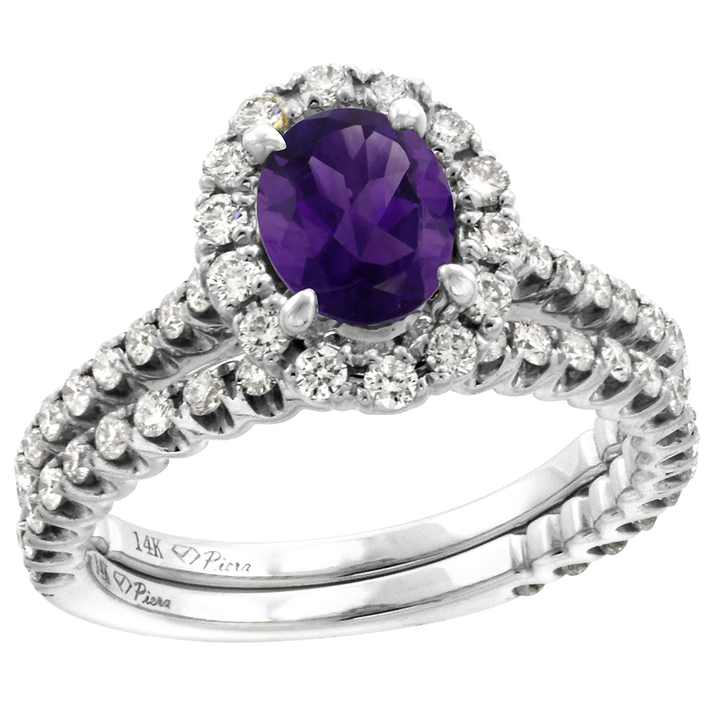 14k White Gold Diamond Genuine Amethyst Halo Engagement Ring Set 2 Piece Oval 7x5mm, size 5-10