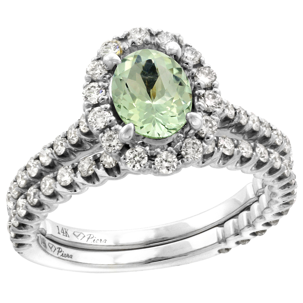 14k White Gold Diamond Genuine Green Amethyst Halo Engagement Ring Set 2 Piece Oval 7x5mm, size 5-10