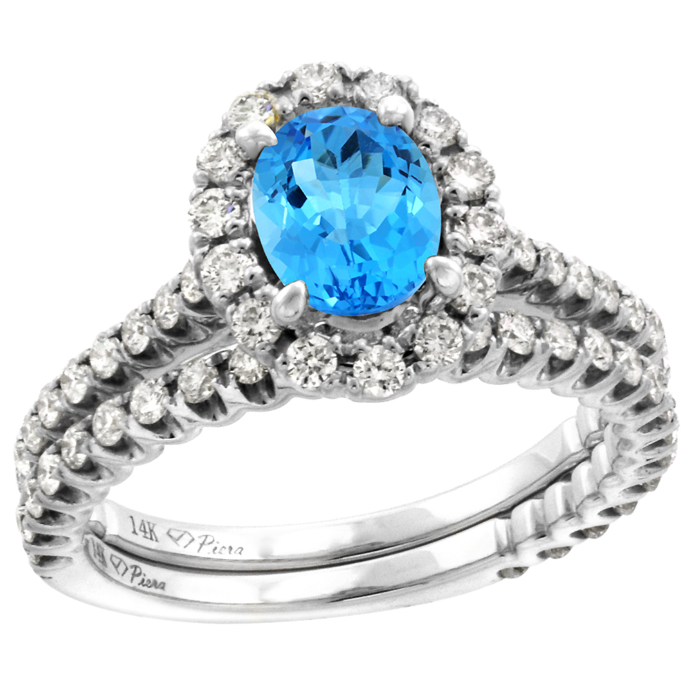 14k White Gold Diamond Genuine Swiss Blue Topaz Halo Engagement Ring Set 2 Piece Oval 7x5mm, size 5-10