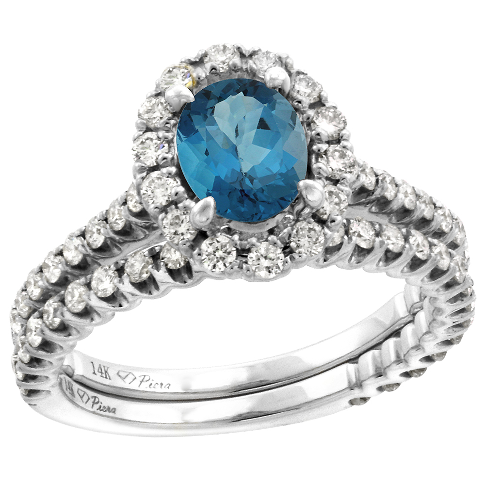 14k White Gold Diamond Genuine London Blue Topaz Halo Engagement Ring Set 2 Piece Oval 7x5mm, size 5-10