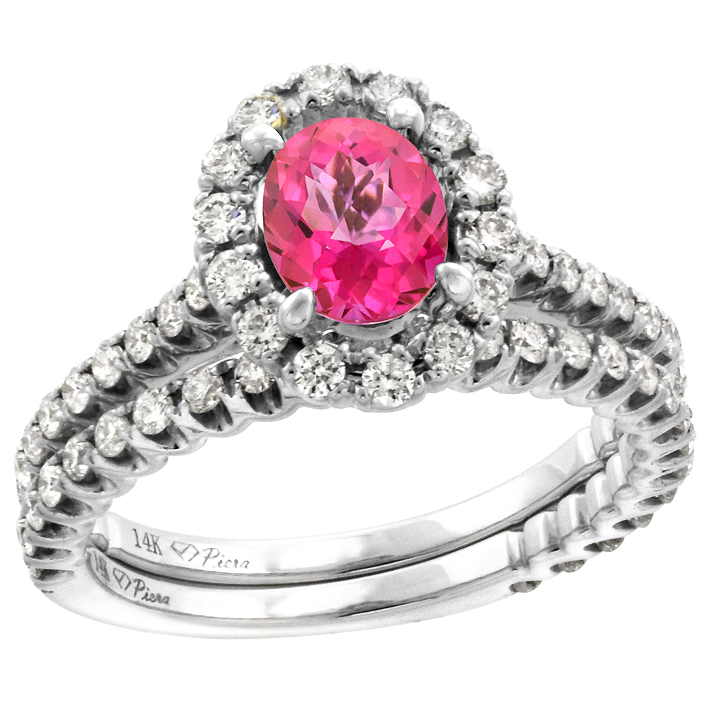 14k White Gold Diamond Genuine Pink Topaz Halo Engagement Ring Set 2 Piece Oval 7x5mm, size 5-10