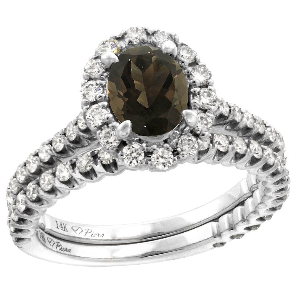 14k White Gold Diamond Genuine Smoky Topaz Halo Engagement Ring Set 2 Piece Oval 7x5mm, size 5-10