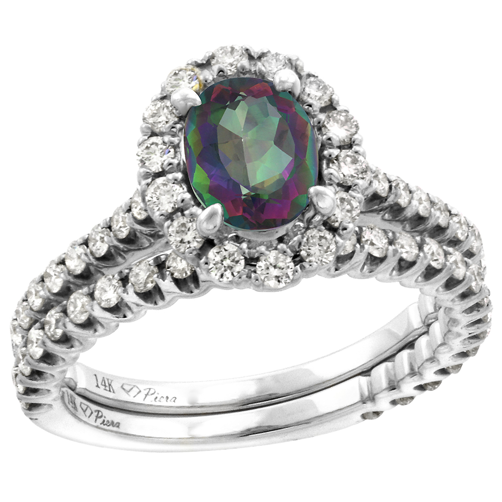 14k White Gold Diamond Genuine Mystic Topaz Halo Engagement Ring Set 2 Piece Oval 7x5mm, size 5-10