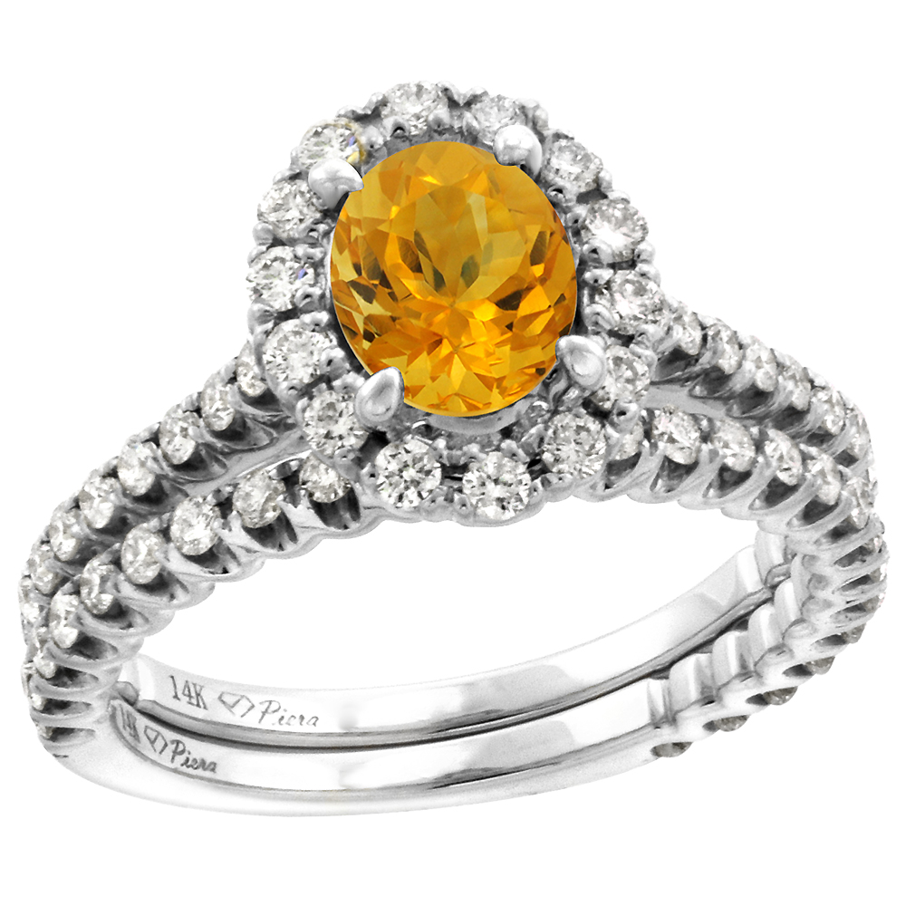 14k White Gold Diamond Genuine Citrine Halo Engagement Ring Set 2 Piece Oval 7x5mm, size 5-10