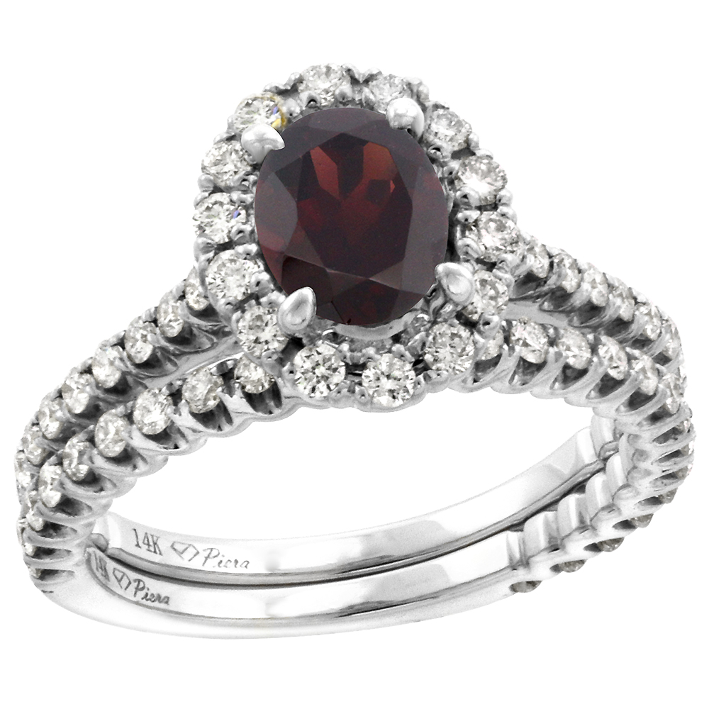 14k White Gold Diamond Genuine Garnet Halo Engagement Ring Set 2 Piece Oval 7x5mm, size 5-10