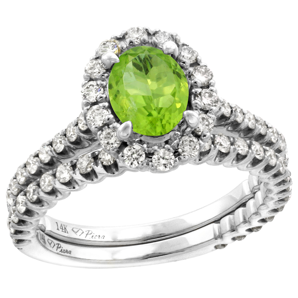 14k White Gold Diamond Genuine Peridot Halo Engagement Ring Set 2 Piece Oval 7x5mm, size 5-10