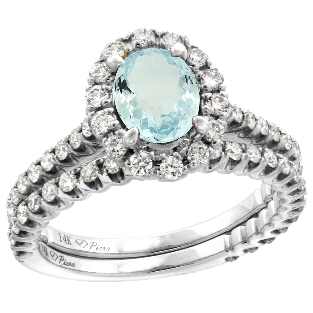14k White Gold Diamond Genuine Aquamarine Halo Engagement Ring Set 2 Piece Oval 7x5mm, size 5-10