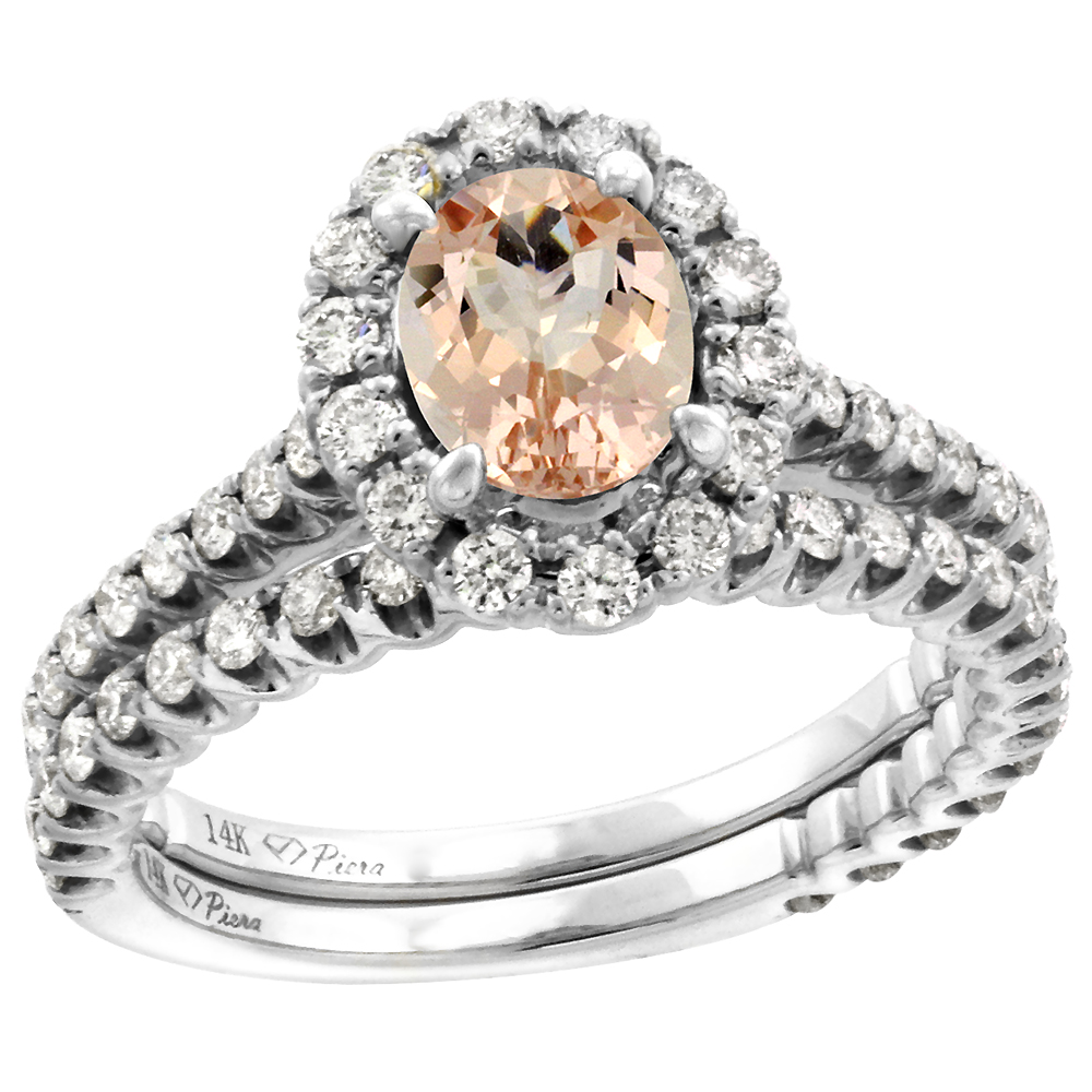 14k White Gold Diamond Genuine Morganite Halo Engagement Ring Set 2 Piece Oval 7x5mm, size 5-10