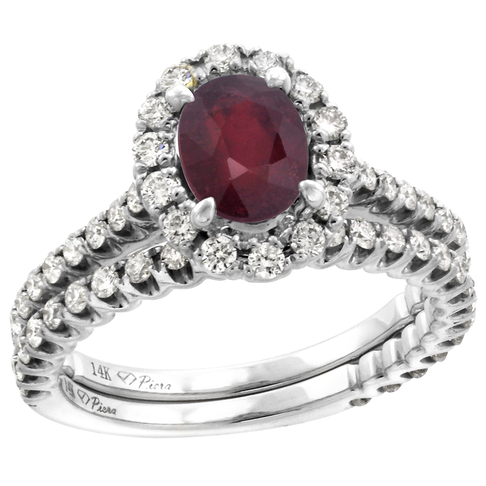 14k White Gold Diamond Enhanced Genuine Ruby Halo Engagement Ring Set 2 Piece Oval 7x5mm, size 5-10