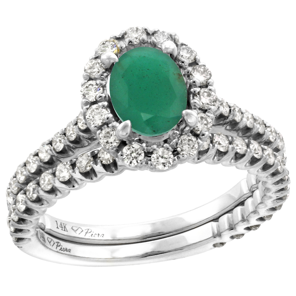 14k White Gold Diamond Genuine Emerald Halo Engagement Ring Set 2 Piece Oval 7x5mm, size 5-10