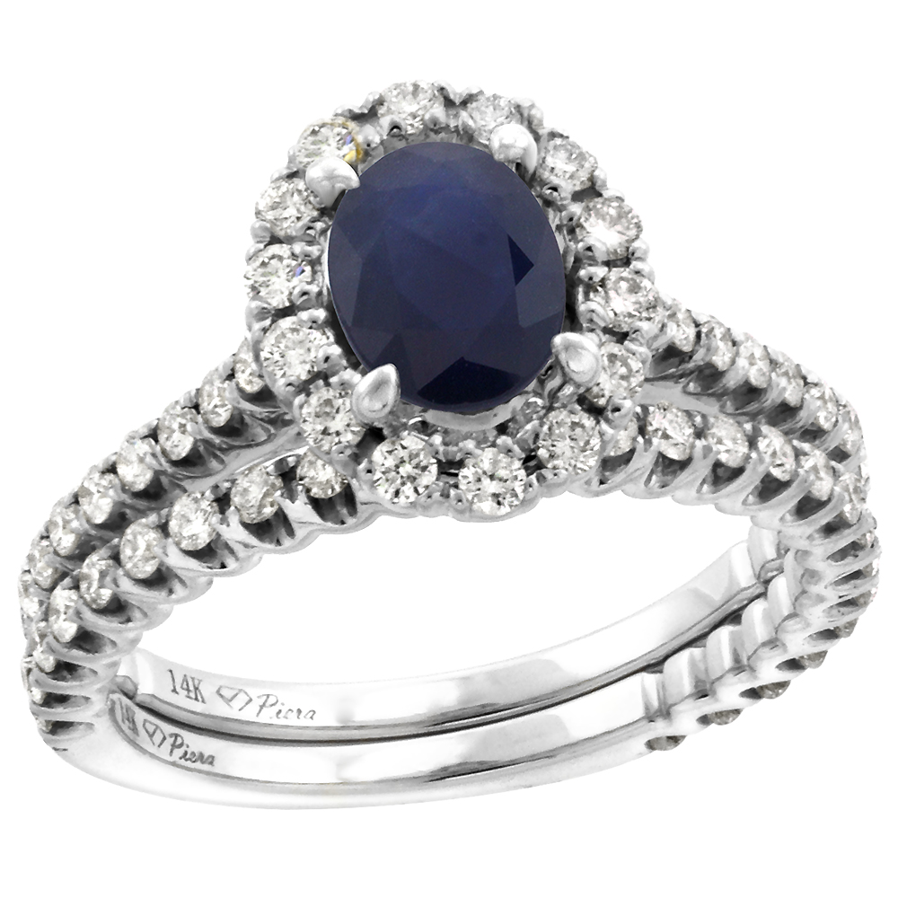 14k White Gold Diamond Genuine Blue Sapphire Halo Engagement Ring Set 2 Piece Oval 7x5mm, size 5-10