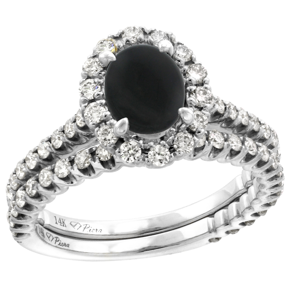 14k White Gold Diamond Genuine Black Onyx Halo Engagement Ring Set 2 Piece Oval 7x5mm, size 5-10