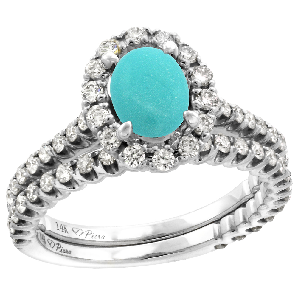 14k White Gold Diamond Genuine Turquoise Halo Engagement Ring Set 2 Piece Oval 7x5mm, size 5-10
