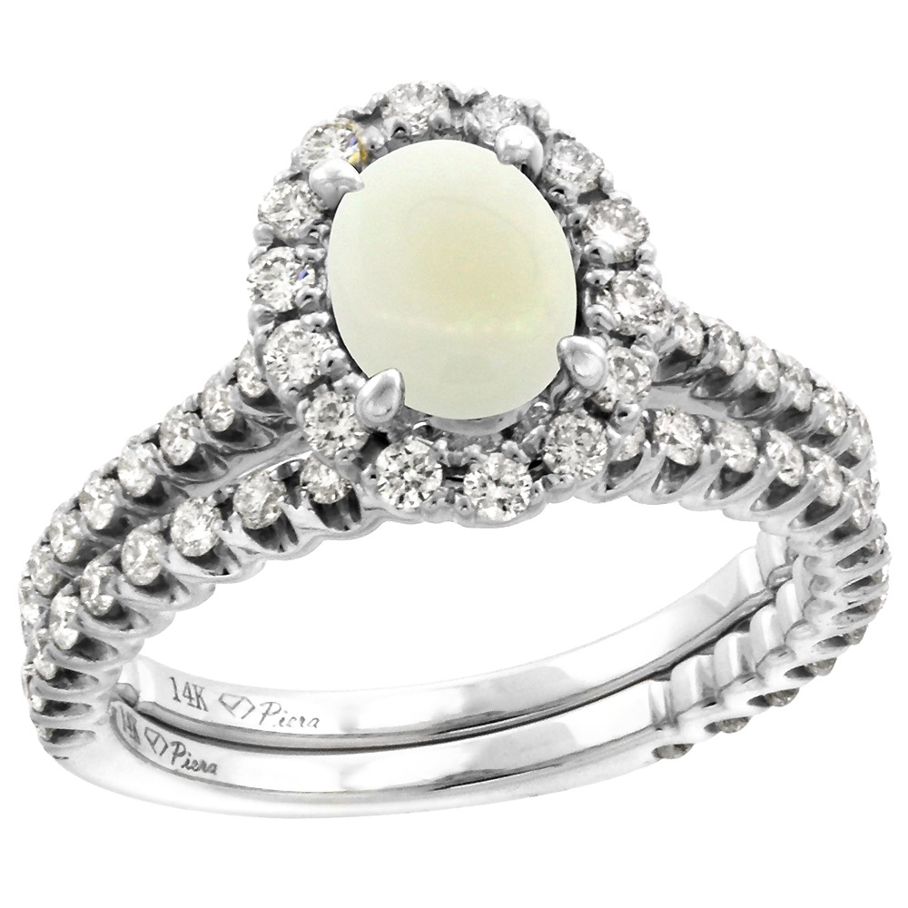 14k White Gold Diamond Genuine Opal Halo Engagement Ring Set 2 Piece Oval 7x5mm, size 5-10