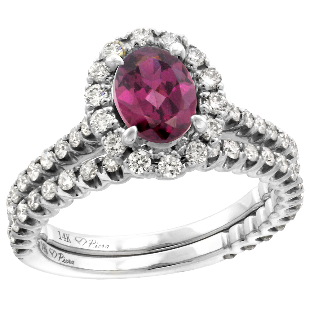 14k White Gold Diamond Genuine Rhodolite Garnet Halo Engagement Ring Set 2 Piece Oval 7x5mm, size 5-10