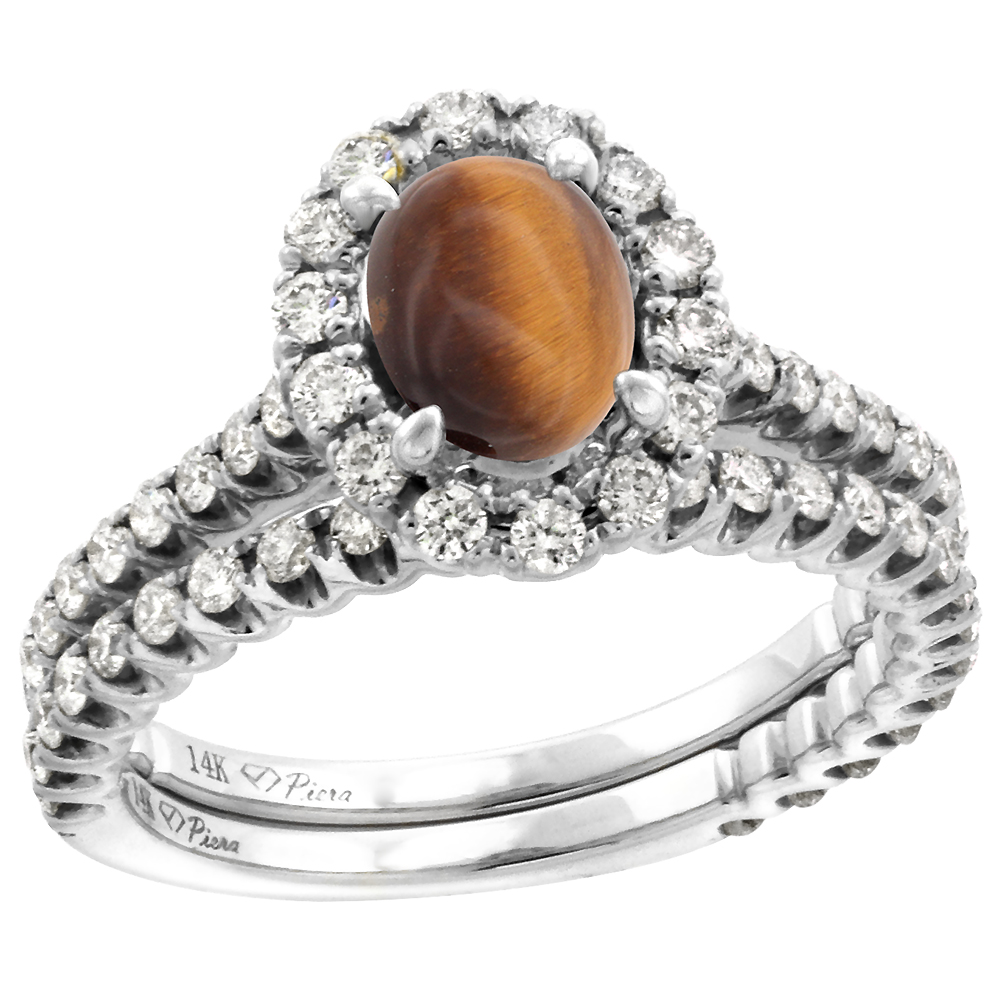 14k White Gold Diamond Genuine Tiger Eye Halo Engagement Ring Set 2 Piece Oval 7x5mm, size 5-10
