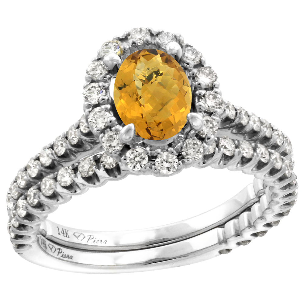 14k White Gold Diamond Genuine Whisky Quartz Halo Engagement Ring Set 2 Piece Oval 7x5mm, size 5-10