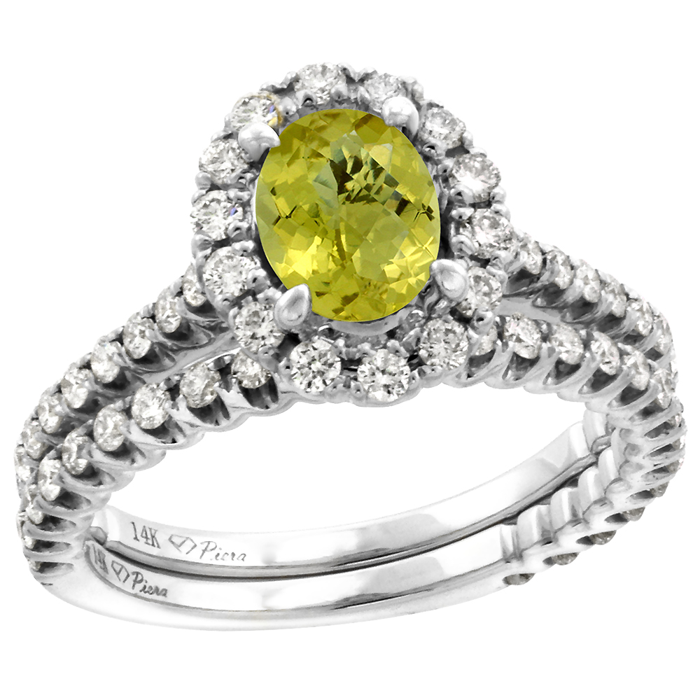 14k White Gold Diamond Genuine Lemon Quartz Halo Engagement Ring Set 2 Piece Oval 7x5mm, size 5-10