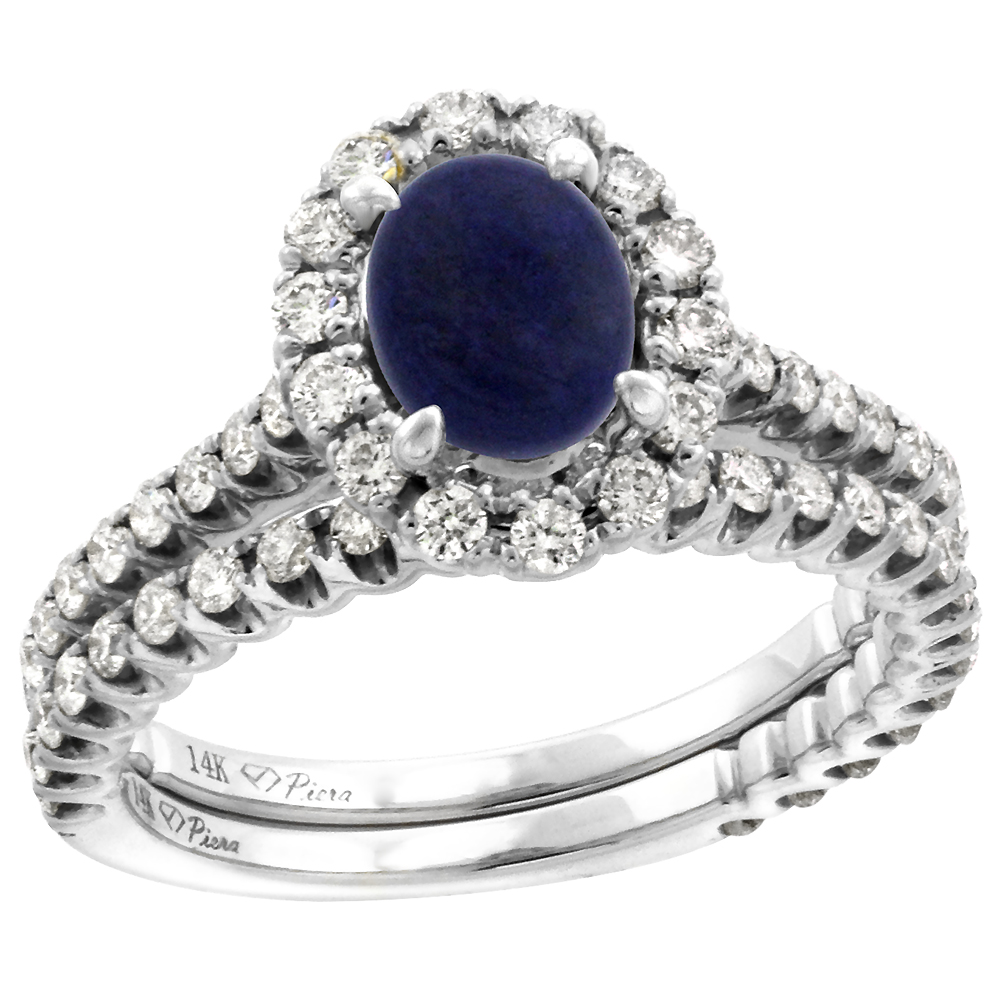 14k White Gold Diamond Genuine Lapis Lazuli Halo Engagement Ring Set 2 Piece Oval 7x5mm, size 5-10