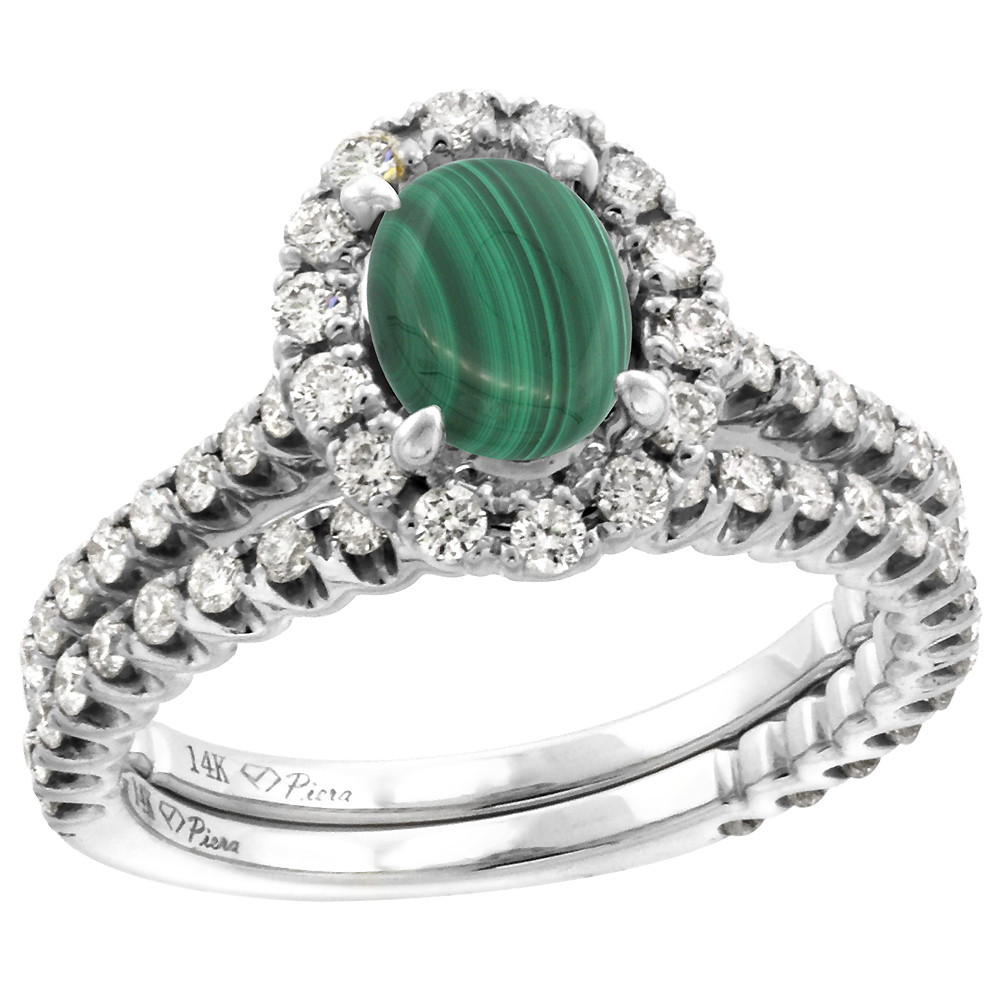 14k White Gold Diamond Genuine Malachite Halo Engagement Ring Set 2 Piece Oval 7x5mm, size 5-10