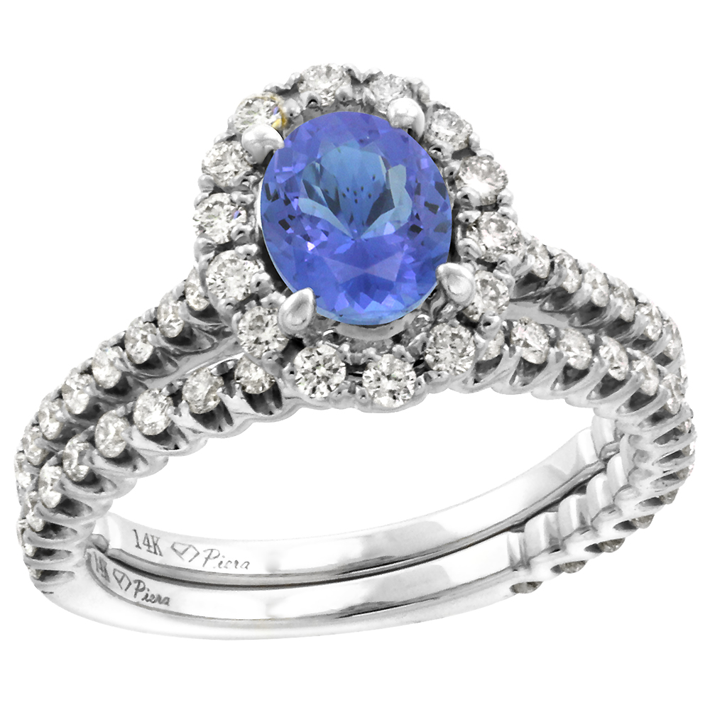 14k White Gold Diamond Genuine Tanzanite Halo Engagement Ring Set 2 Piece Oval 7x5mm, size 5-10