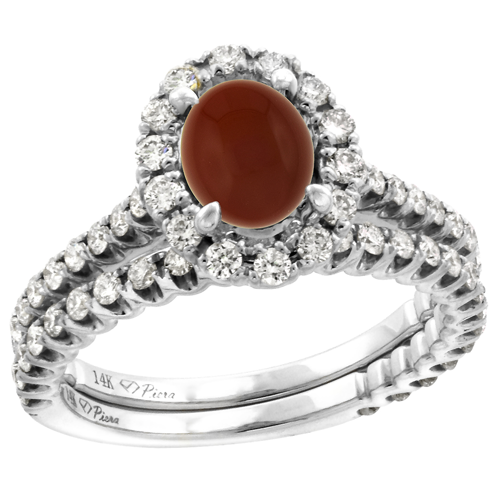 14k White Gold Diamond Genuine Brown Agate Halo Engagement Ring Set 2 Piece Oval 7x5mm, size 5-10